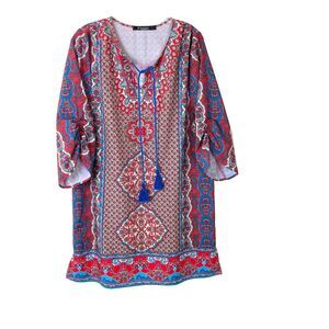 Urban Coco Colorful Bohemian Tunic Dress Size L Red Blue Tassels Ruched Sleeves